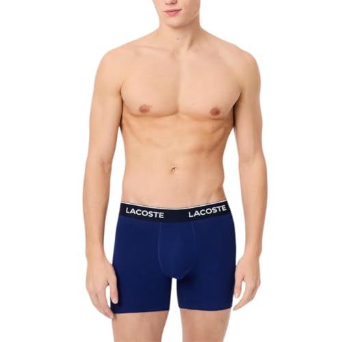 Lacoste Men's Cotton Stretch Essentials Boxer Briefs, 3-Pack, Navy Blue/Red/Deep Ocean, X-Small