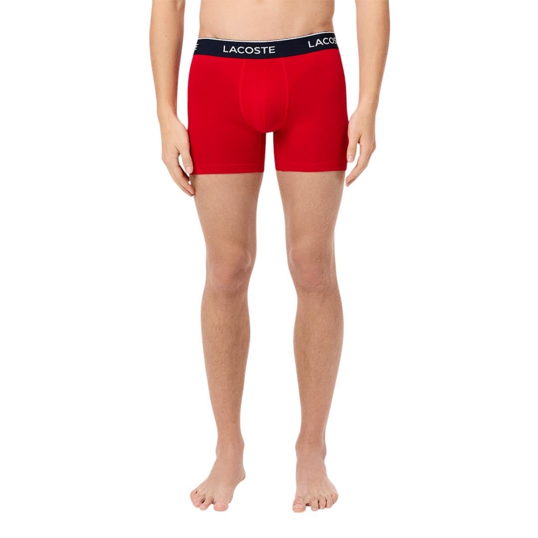 Lacoste Men's Cotton Stretch Essentials Boxer Briefs, 3-Pack, Navy Blue/Red/Deep Ocean, X-Small