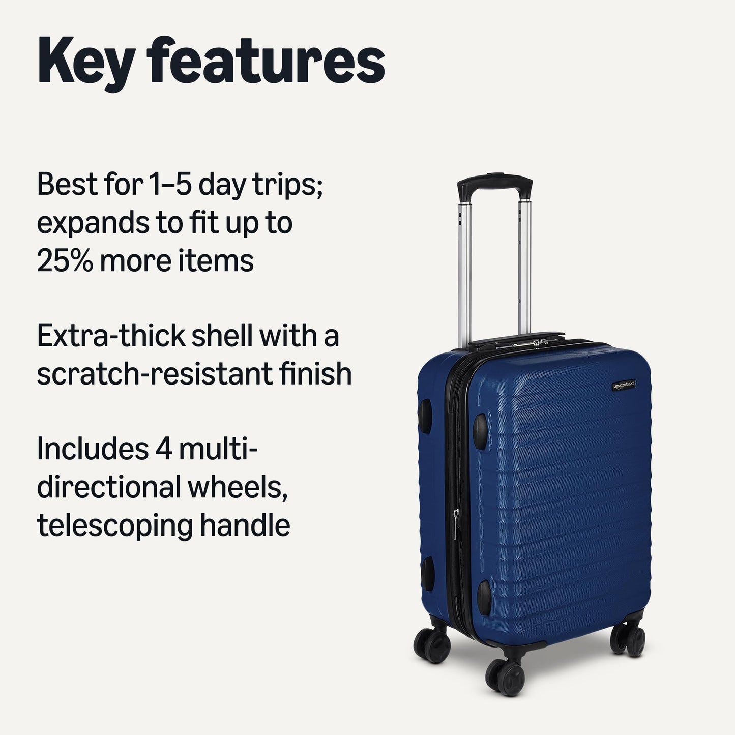 Amazon Basics 21" Hardside Carry-On Luggage, Hardshell Suitcase With Wheels, Expandable For Up to 25% More Space, With Scratch-Resistant Surface, Four Multi-directional Wheels, Navy Blue