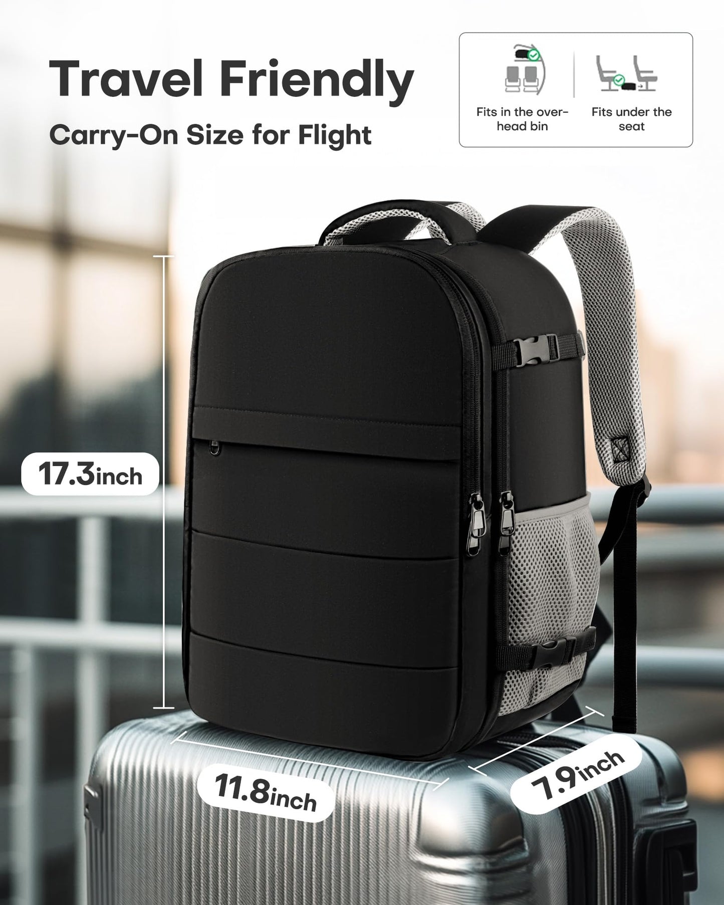 HOTOR Travel Backpack - Flight Approved Travel Bag for Men and Women, Carry on Luggage for 15.6" Laptop and Travel Essentials for Work, Business, Weekender, College 11.8"x7.9"x17.3" (Black)