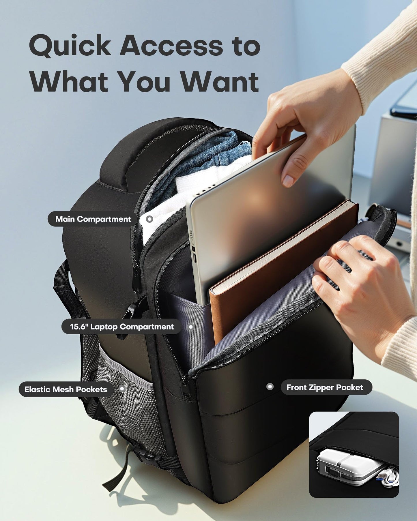 HOTOR Travel Backpack - Flight Approved Travel Bag for Men and Women, Carry on Luggage for 15.6" Laptop and Travel Essentials for Work, Business, Weekender, College 11.8"x7.9"x17.3" (Black)